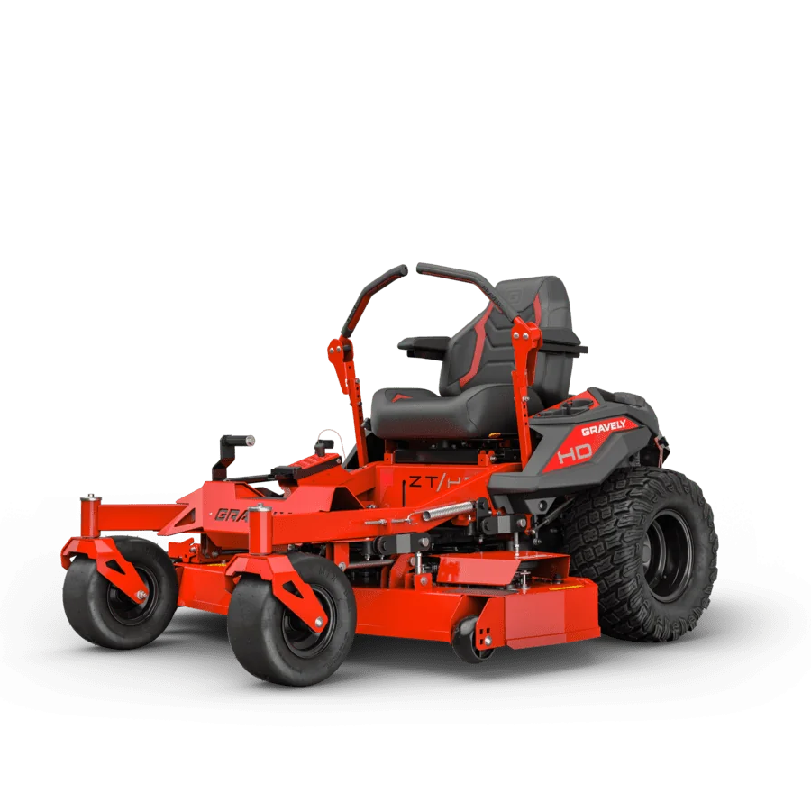Red and black riding lawn mower on a white background