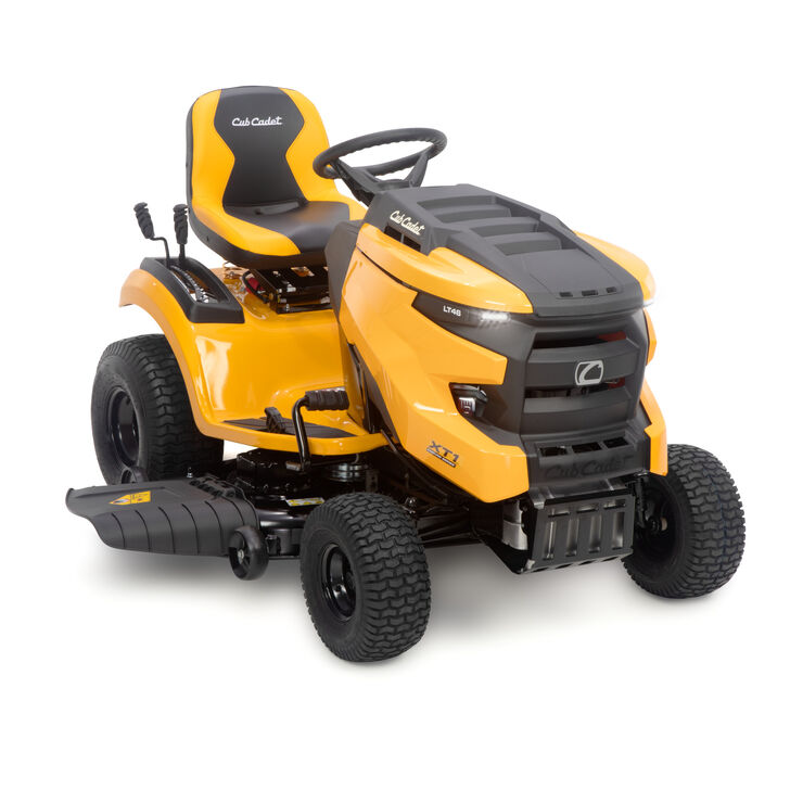 Yellow and black riding lawn mower on a white background