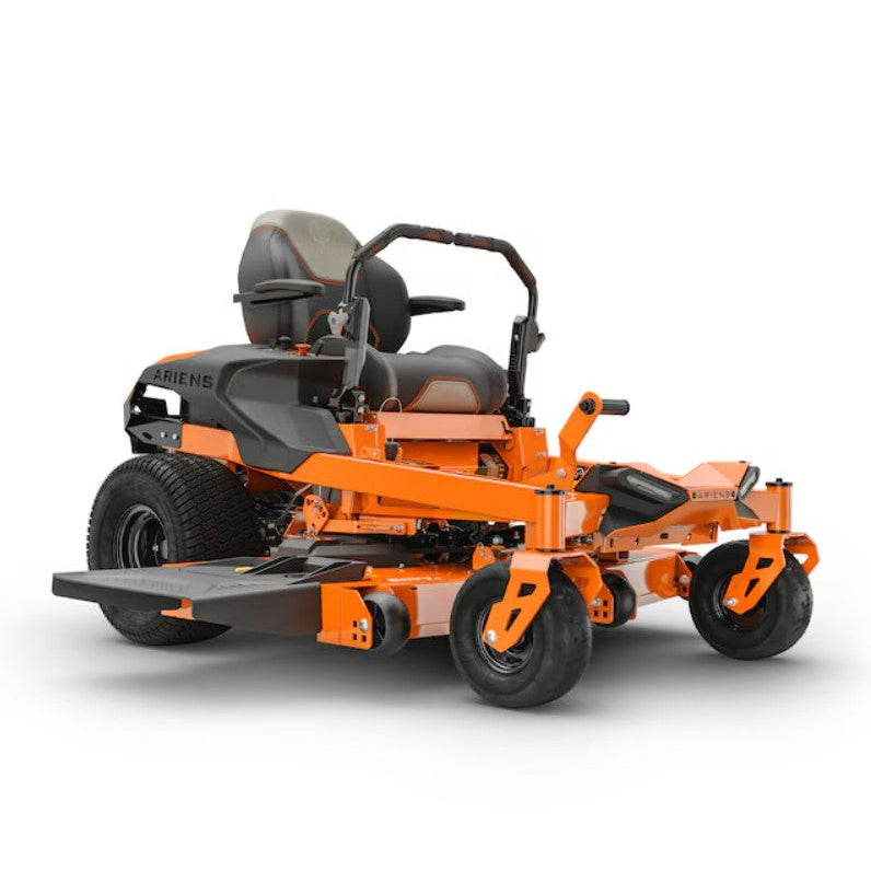 Orange and black zero-turn lawn mower on a white background