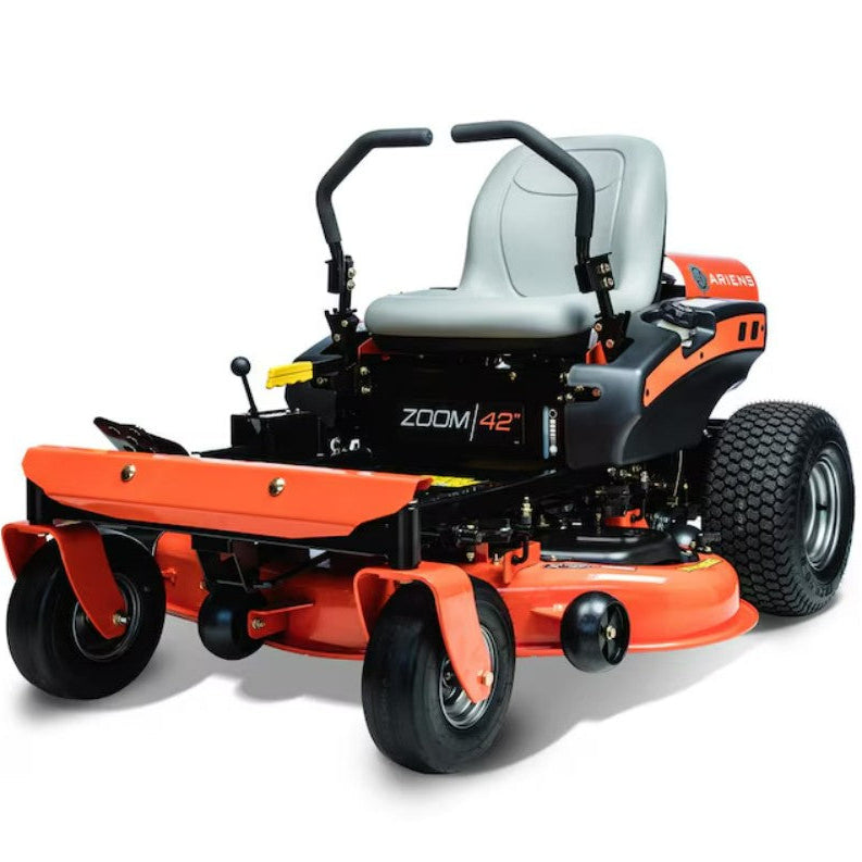 Orange and black zero-turn lawn mower on a white background