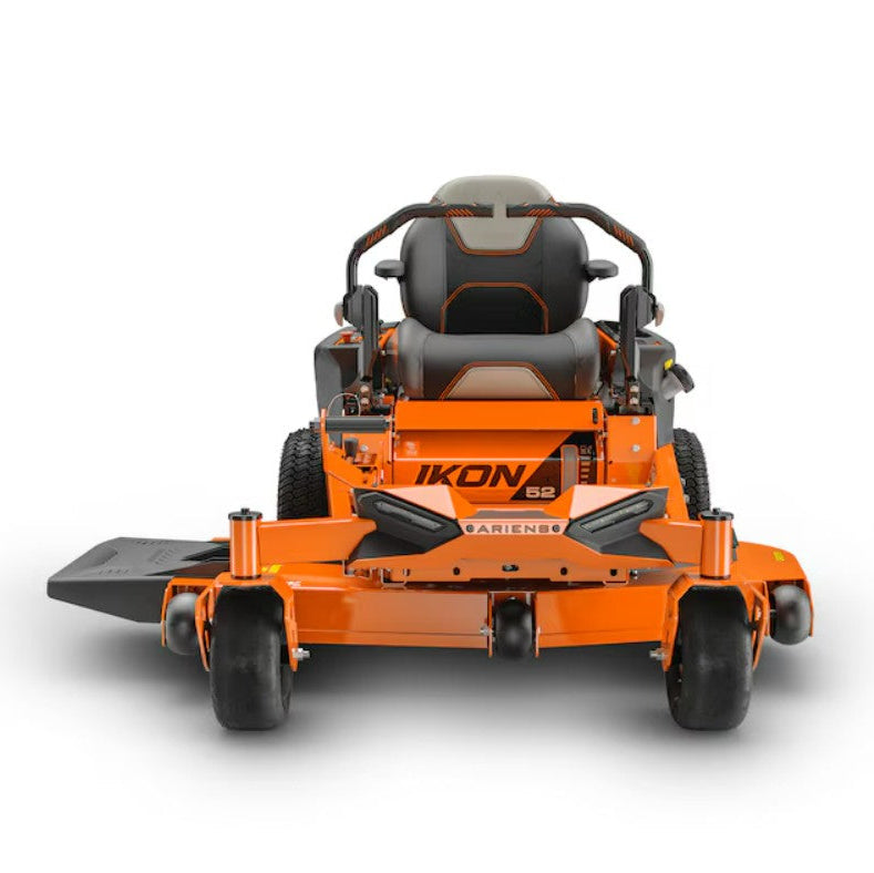 Orange and black lawn mower with 'IKON' branding on a white background