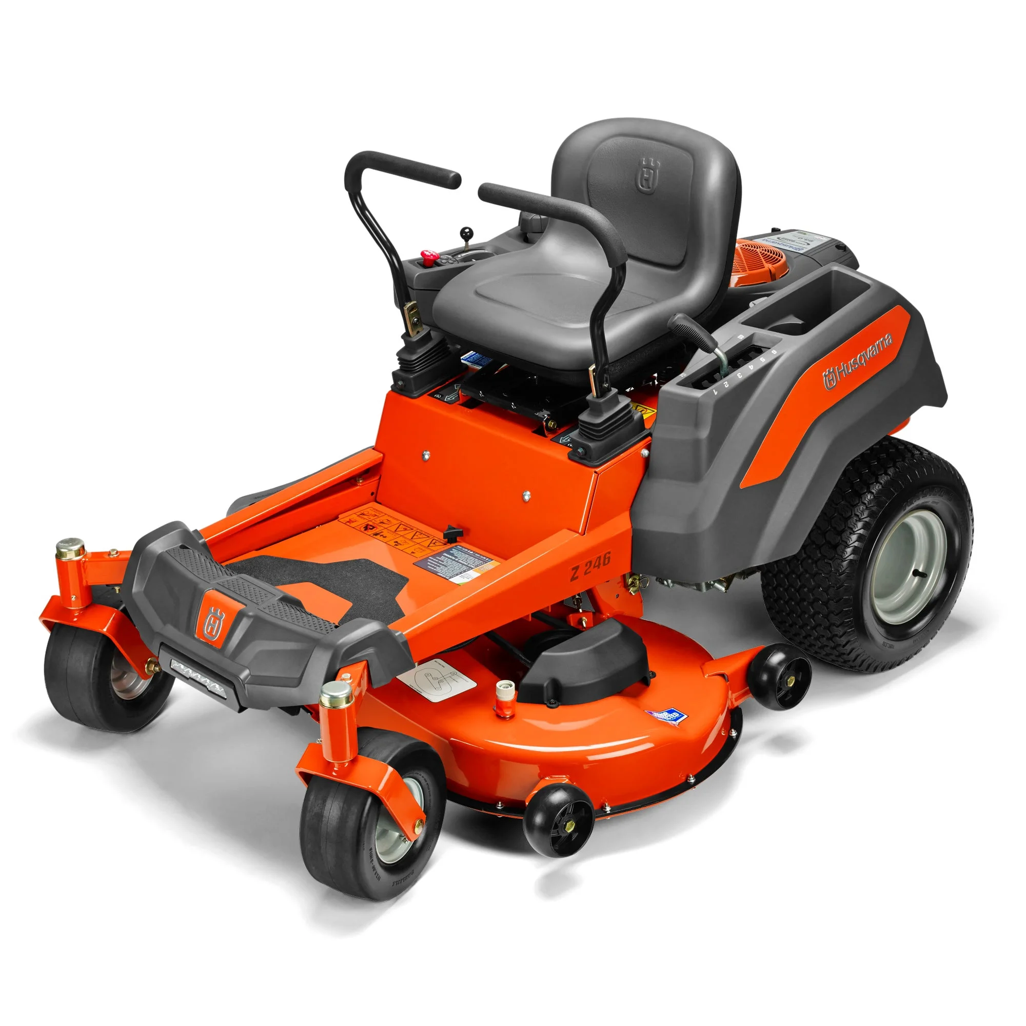Orange and gray Husqvarna riding lawn mower on a white background