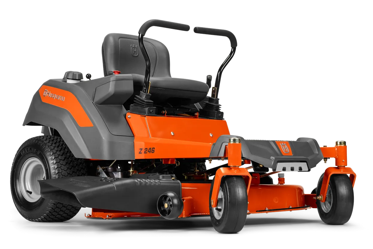 Orange and gray riding lawn mower on a white background