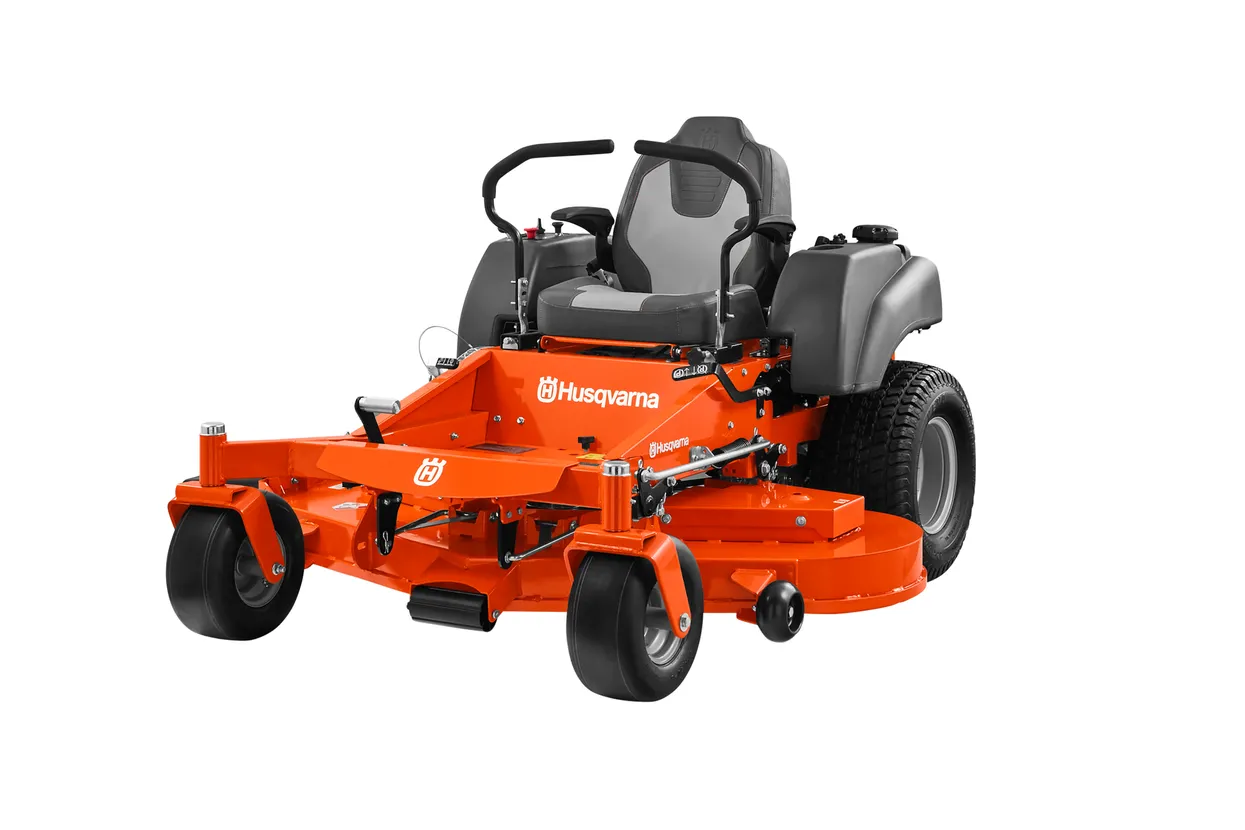 Orange Husqvarna riding lawn mower on a white background