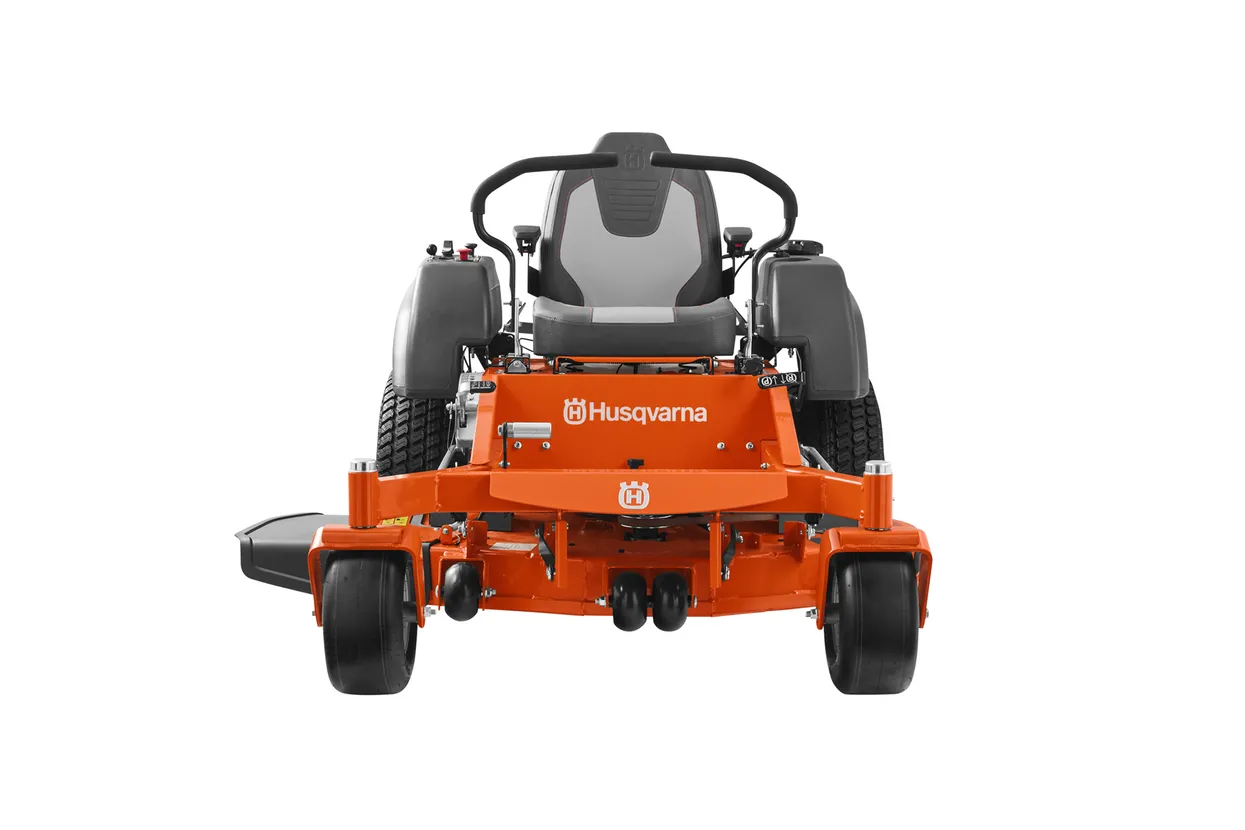 Orange Husqvarna zero-turn lawn mower on a white background