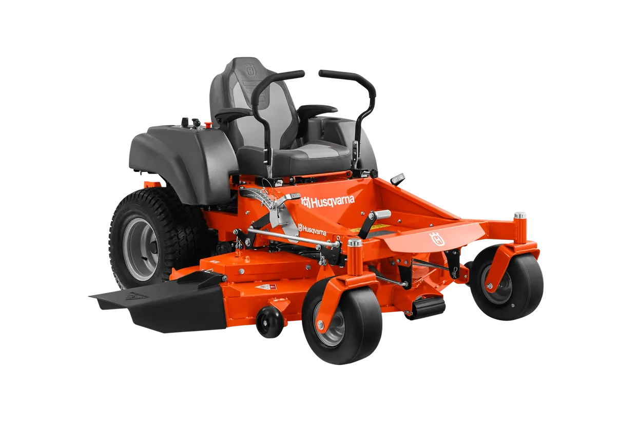 Orange Husqvarna riding lawn mower on a white background