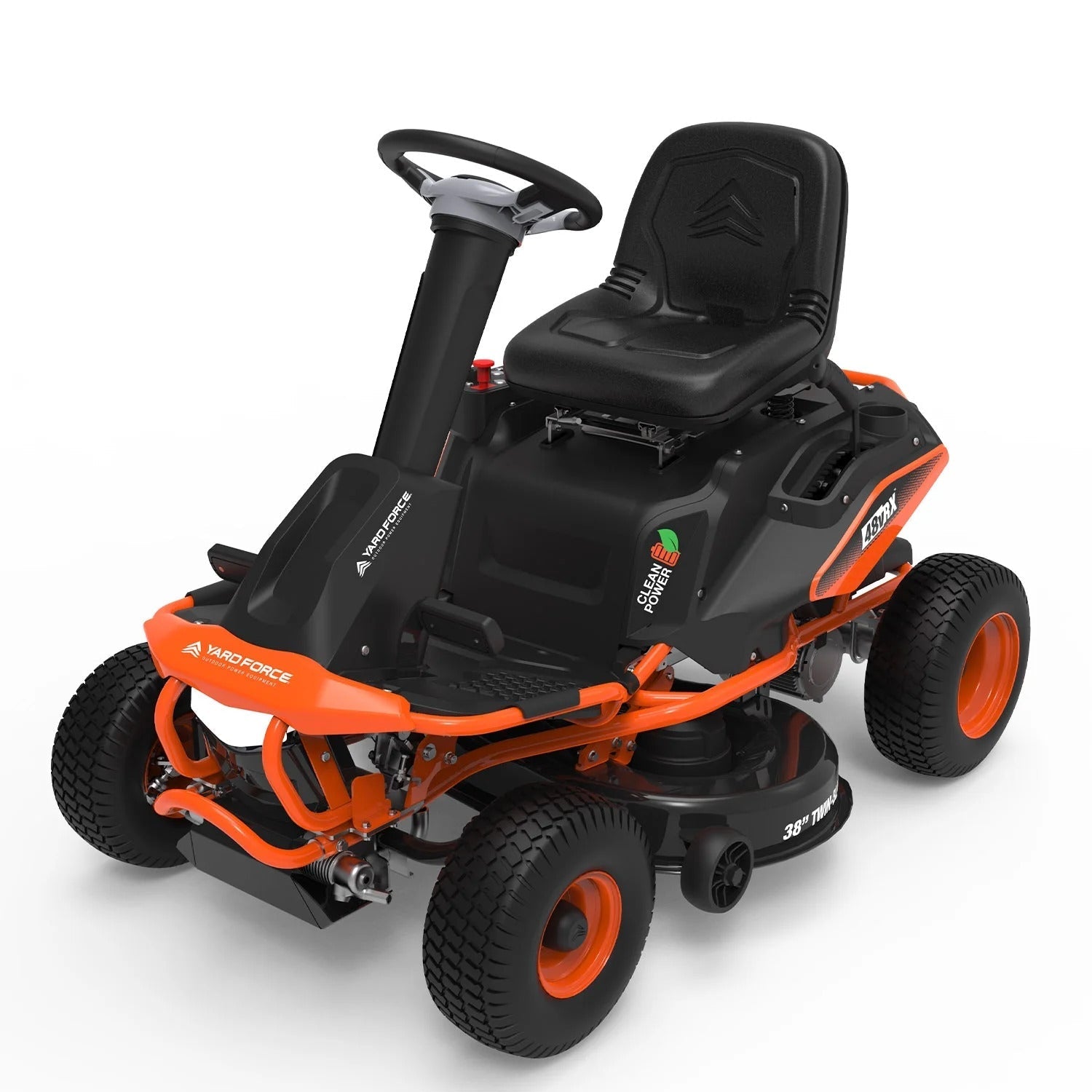 Black and orange riding lawn mower on a white background