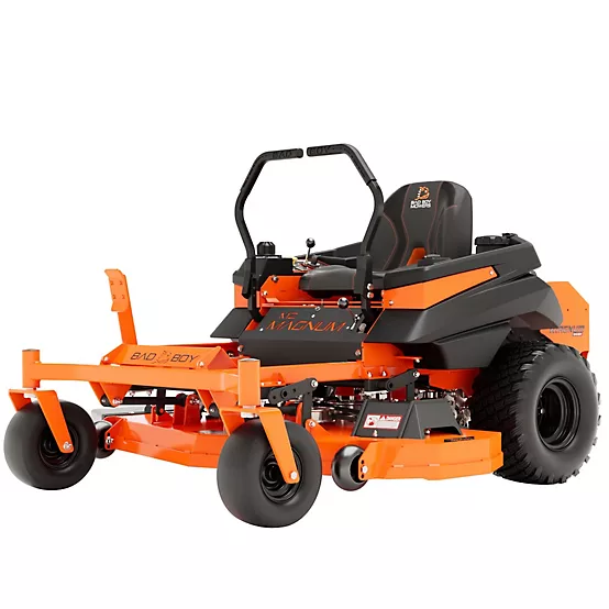 Orange and black zero-turn lawn mower on a white background

