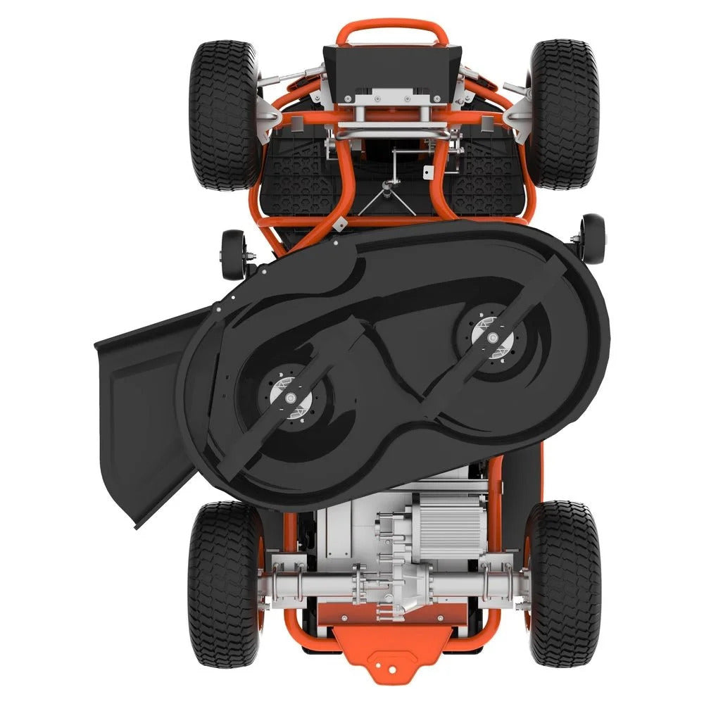 Top-down view of a lawn mower on a white background