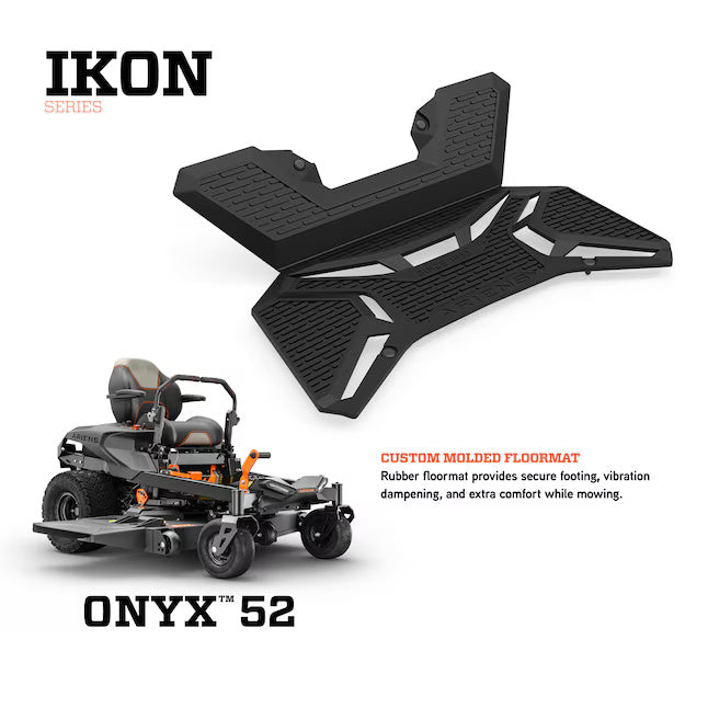 Mower with custom molded floormat and 'IKON' branding on a white background