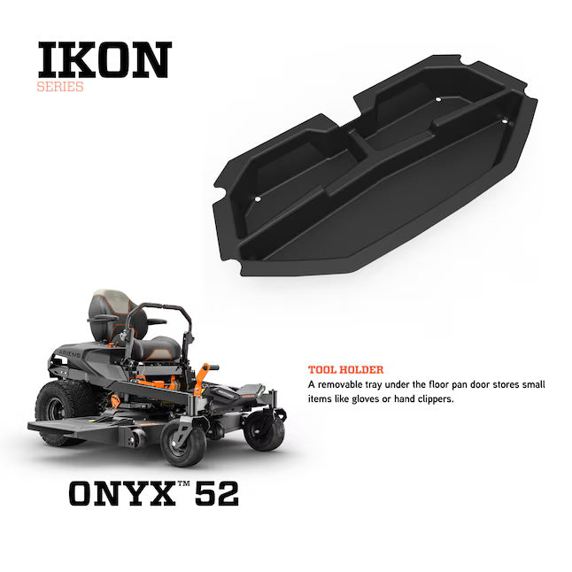 Black tool holder for a lawn mower with 'IKON' branding on a white background