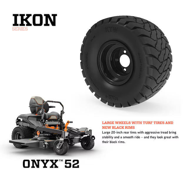 Lawn mower with large wheel and turf tire, featuring IKON Series branding.