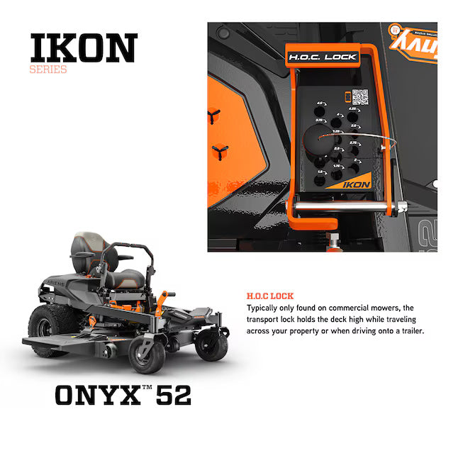 Mower with H.O.C. Lock system on a white background, featuring 'IKON' branding.