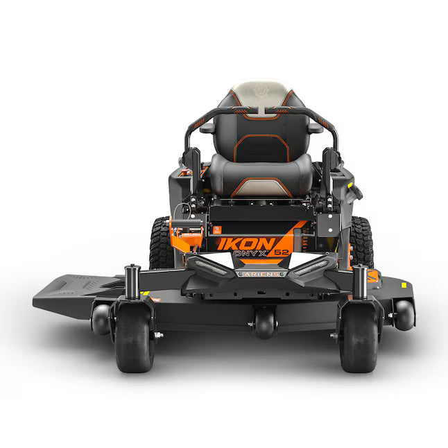 Zero-turn lawn mower with 'IKON' branding on a white background