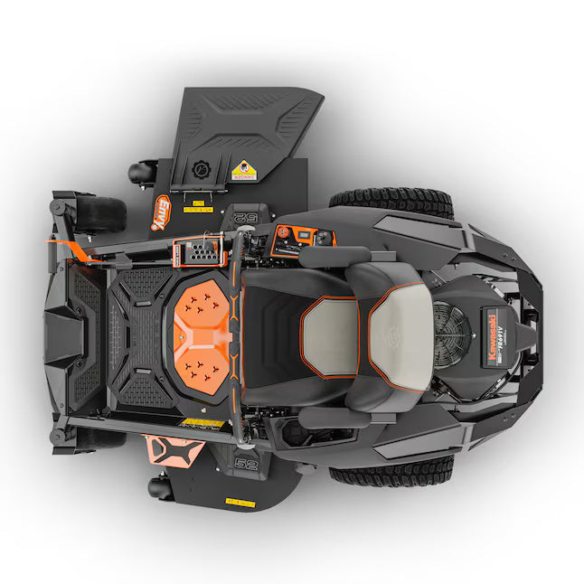 Top-down view of a lawn mower on a white background