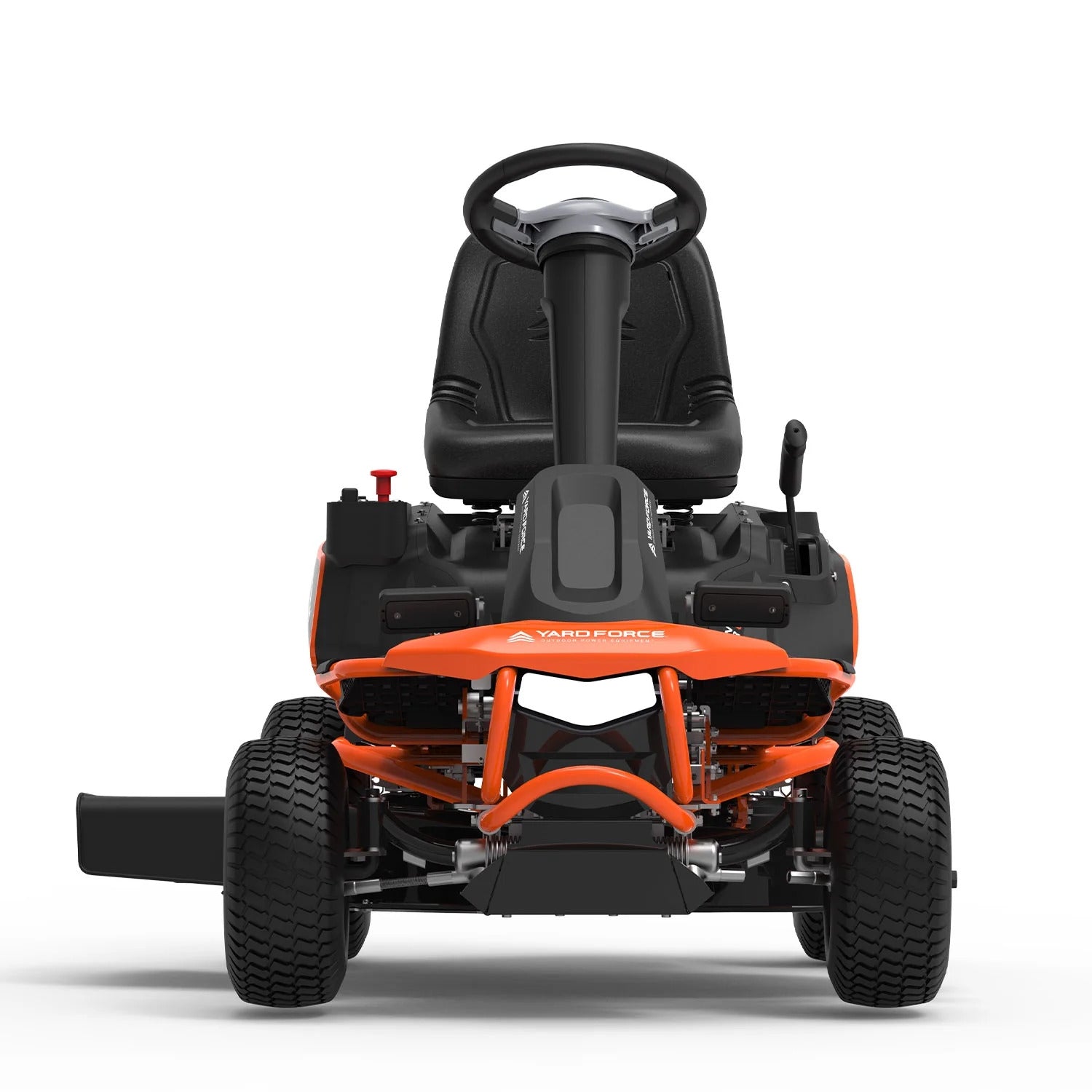 Riding lawn mower with black seat and orange accents on a white background