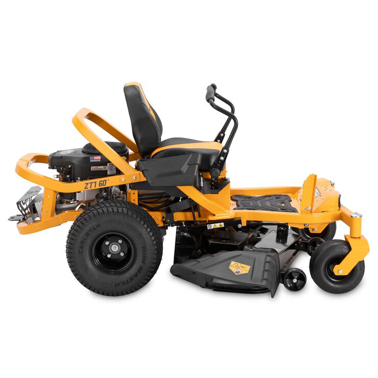 Yellow and black zero-turn lawn mower on a white background