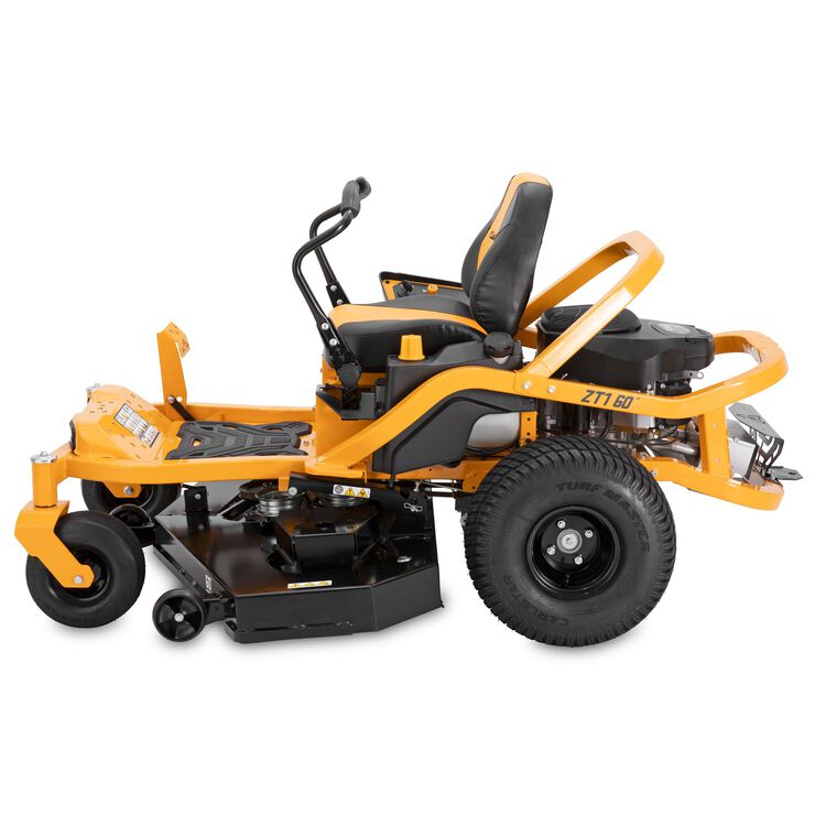 Orange and black zero-turn lawn mower on a white background