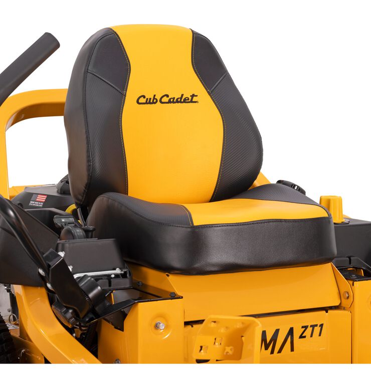 Yellow and black seat of a Cub Cadet lawn mower on a white background