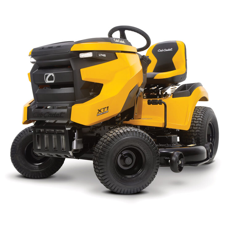 Yellow and black Cub Cadet lawn tractor on a white background