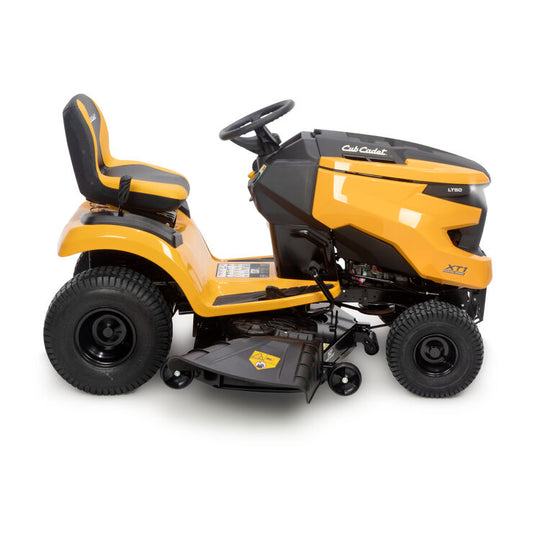 Yellow and black riding lawn mower on a white background