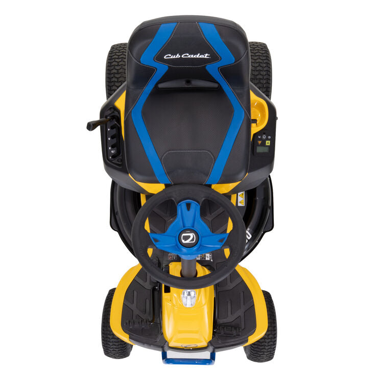 Children's toy car with black, blue, and yellow colors on a white background