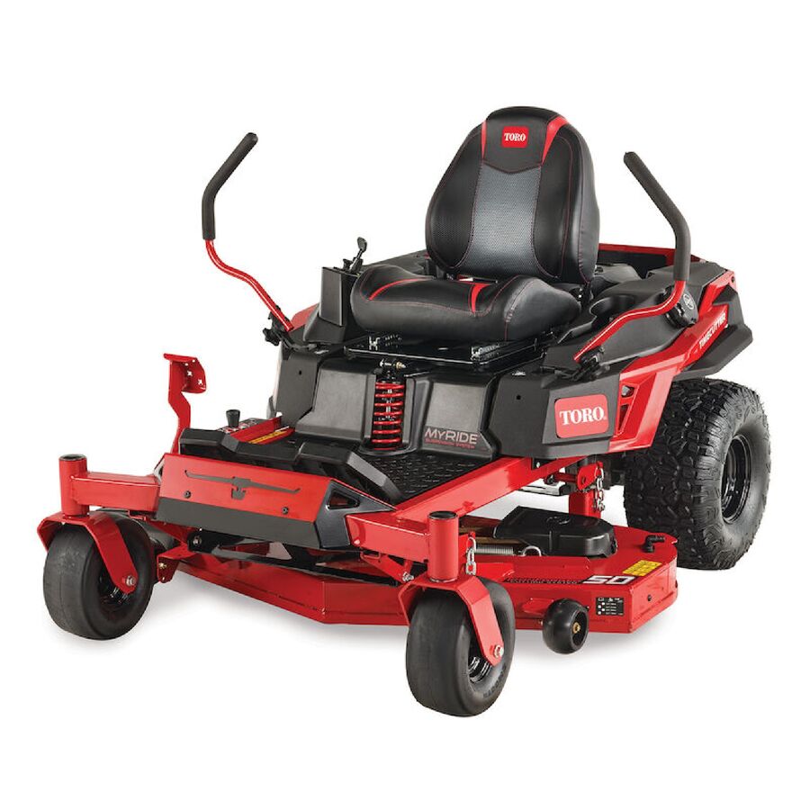 Red and black Toro riding lawn mower on a white background
