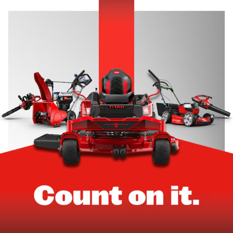 Red lawn mower with 'Count on it.' text on a red and gray background