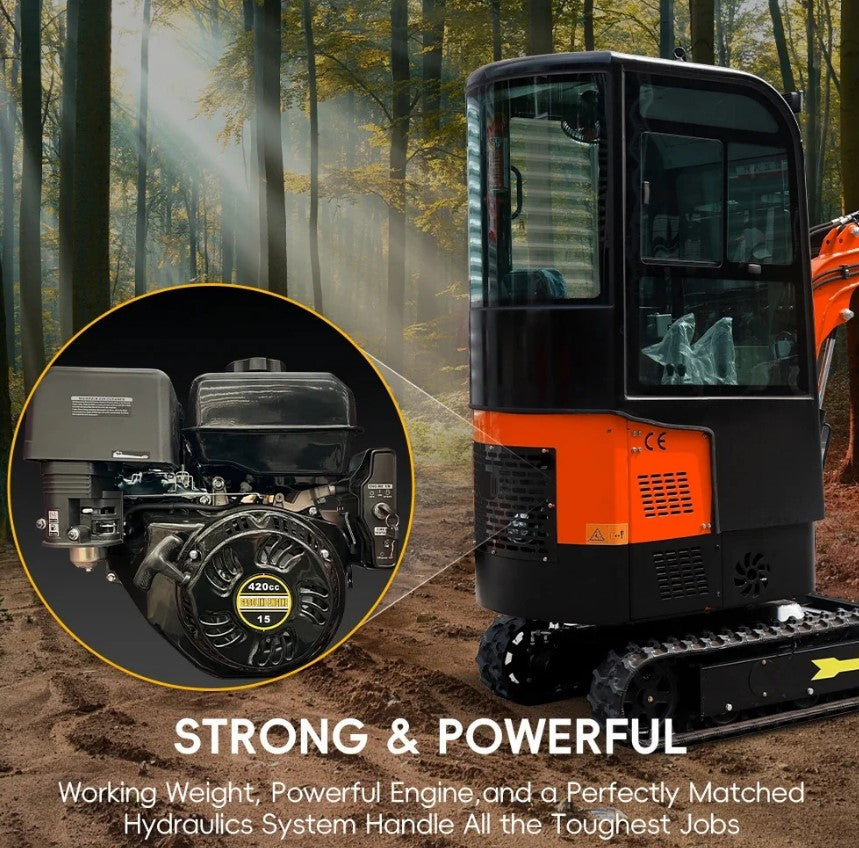 MMS Mini Excavator 1 Ton Crawler Digger With Closed Cab 13.5HP Gasoline Egnine Excavator