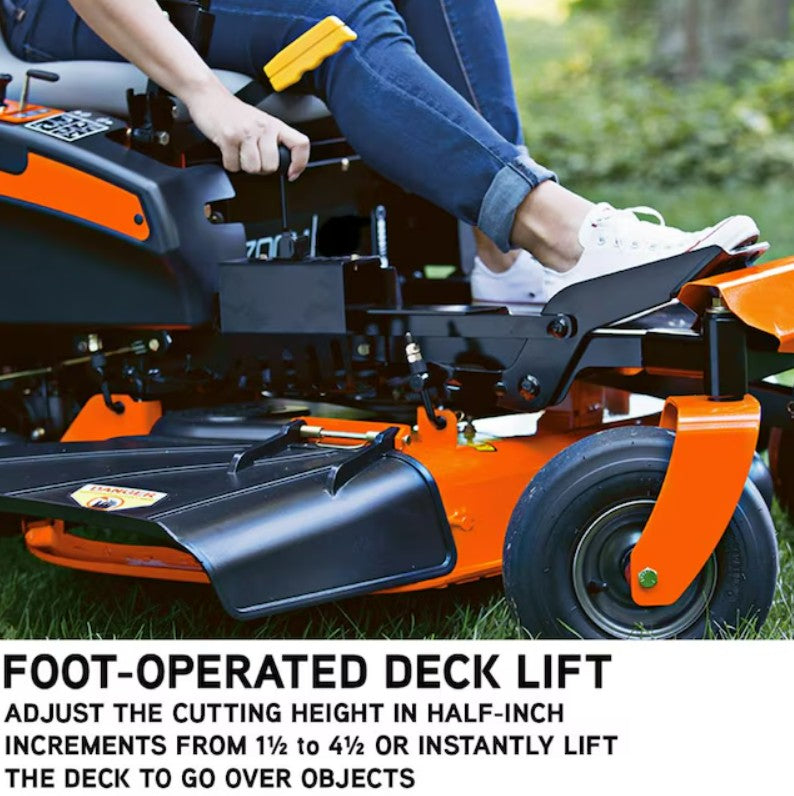 Person operating a lawn mower with foot-operated deck lift feature

