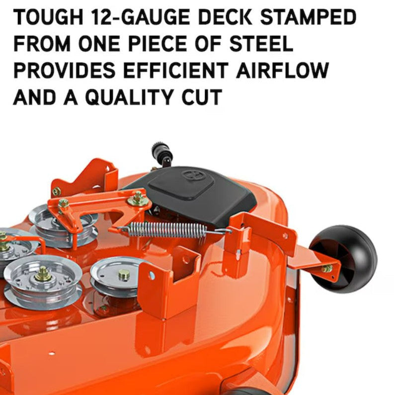 Orange lawn mower deck with text about its construction and features

