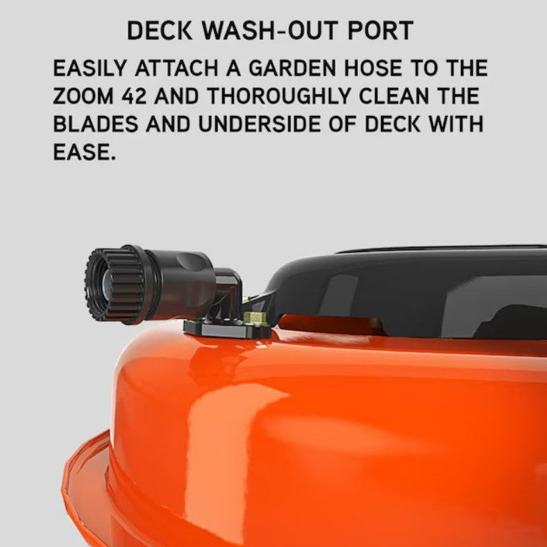 Orange lawn mower with deck wash-out port and text on a gray background


