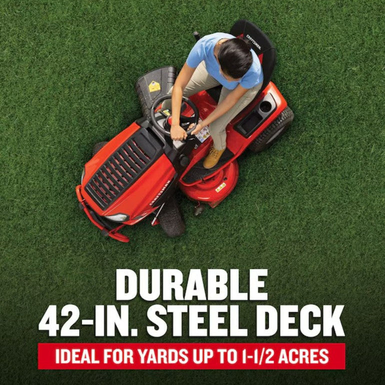 Person operating a red riding lawn mower on grass with text about durable steel deck.

