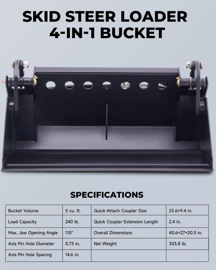 41" 4-in-1 Combo Mini Skid Steer Bucket Attachment with Quick Attach, Universal Mount