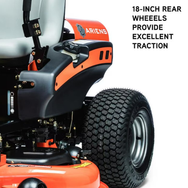 Close-up of a lawn mower with 18-inch rear wheels on a white background, featuring ARIENS branding.

