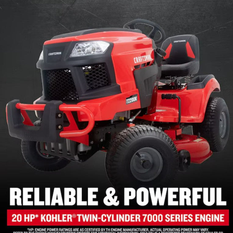 Red riding lawn mower with 'Reliable & Powerful' text and Kohler engine details on a dark background

