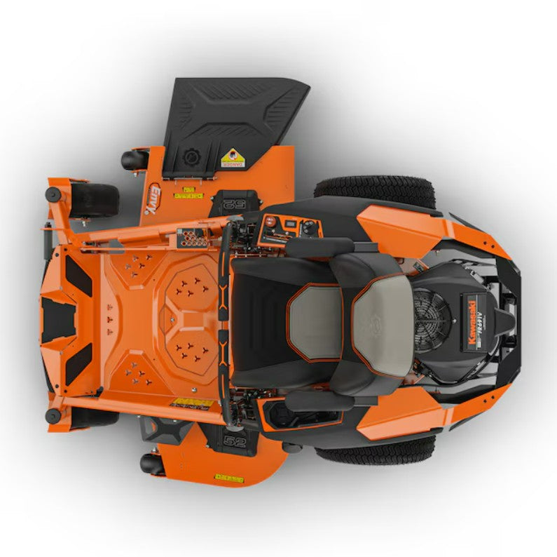 Top-down view of an orange and black lawn mower on a white background