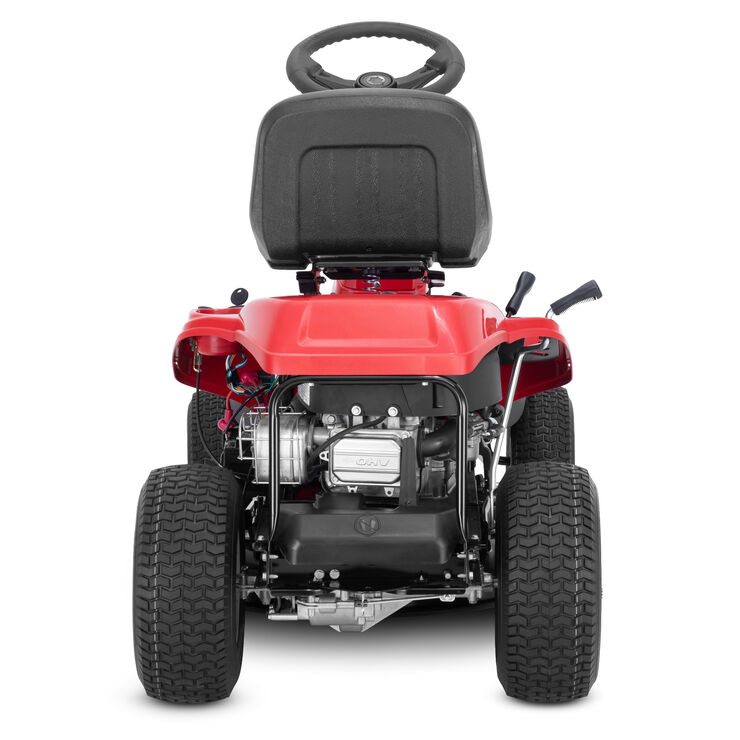 Red riding lawn mower on a white background