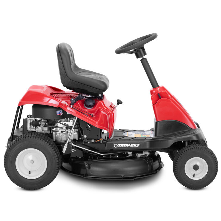 Red riding lawn mower with black seat on a white background