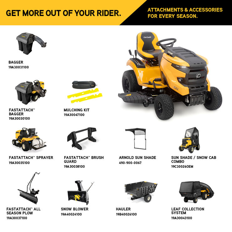 Lawn mower with various attachments and accessories on a white background