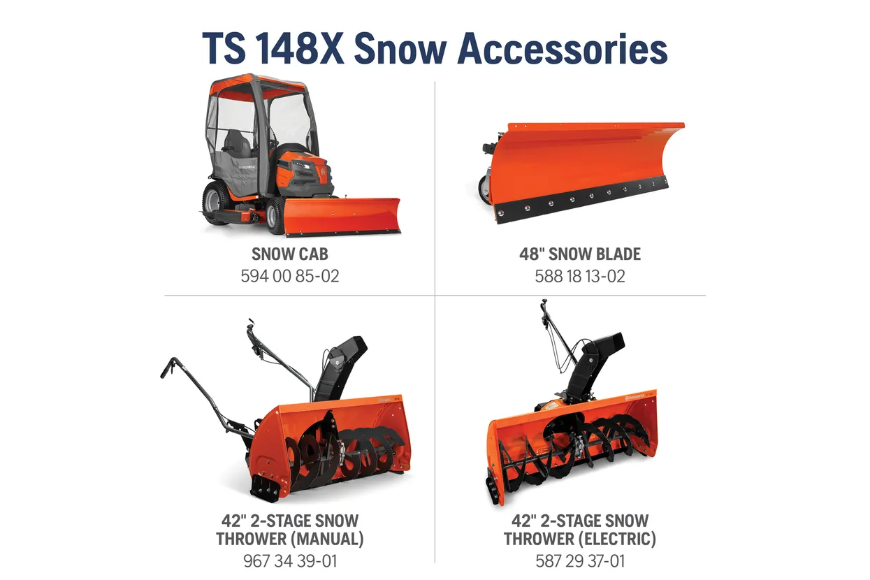 TS 148X Snow Accessories including snow cab, snow blade, and snow throwers on a white background.