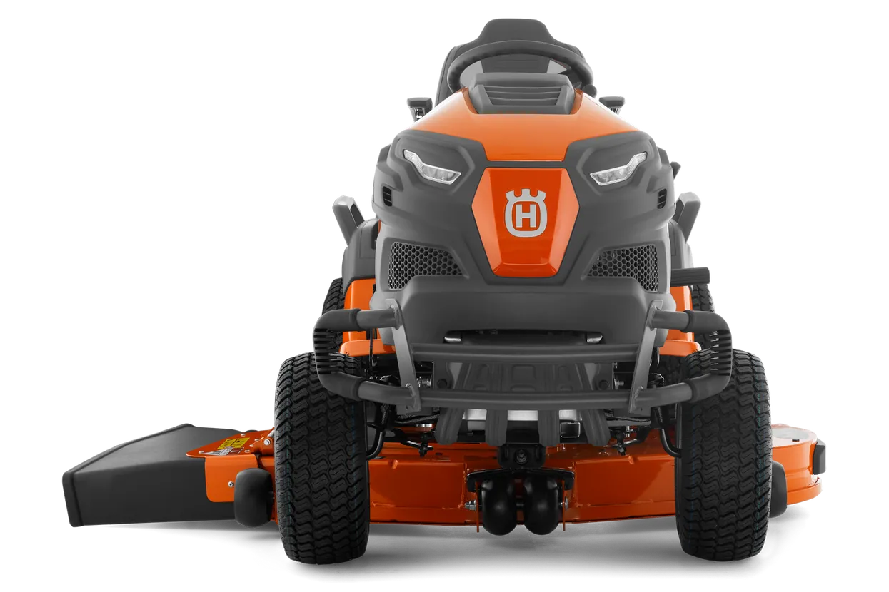 Orange and black Husqvarna riding lawn mower on a white background