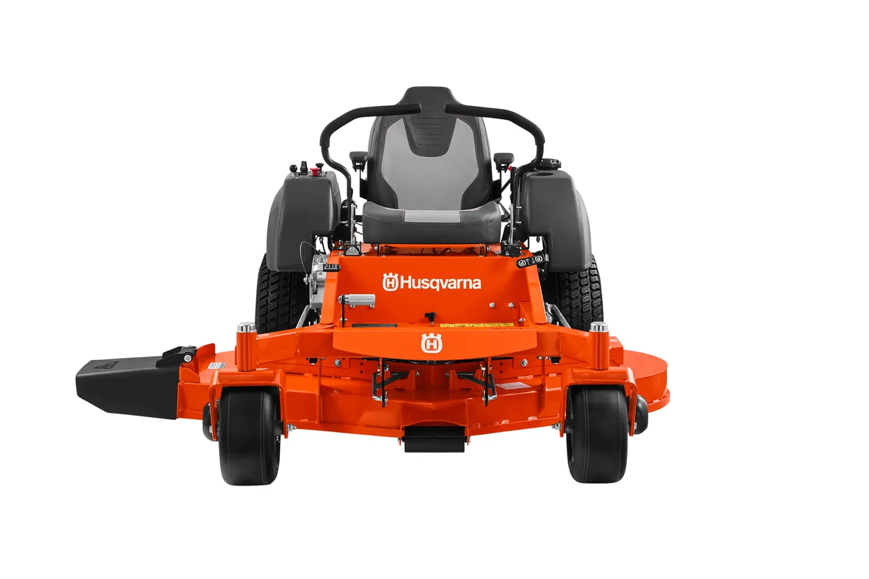 Orange Husqvarna zero-turn lawn mower on a white background

