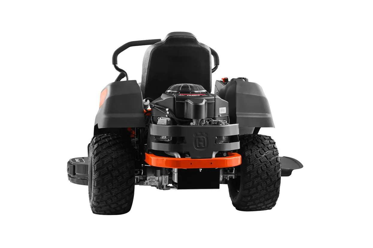 Back view of a lawn mower on a white background