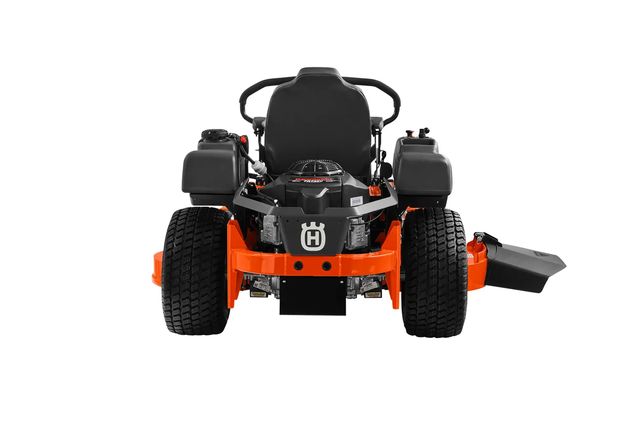Orange and black Husqvarna riding lawn mower on a white background


