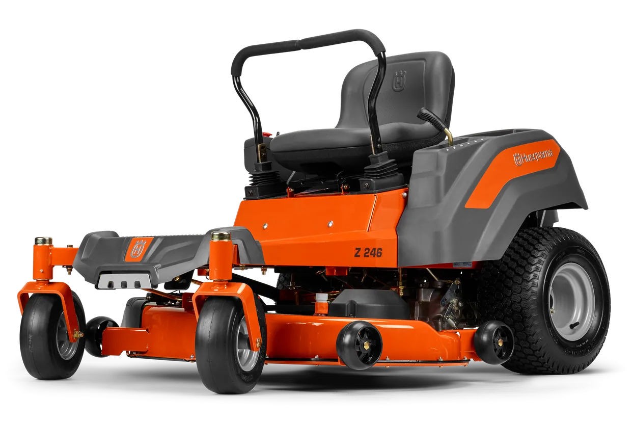 Orange and gray Husqvarna zero-turn lawn mower on a white background