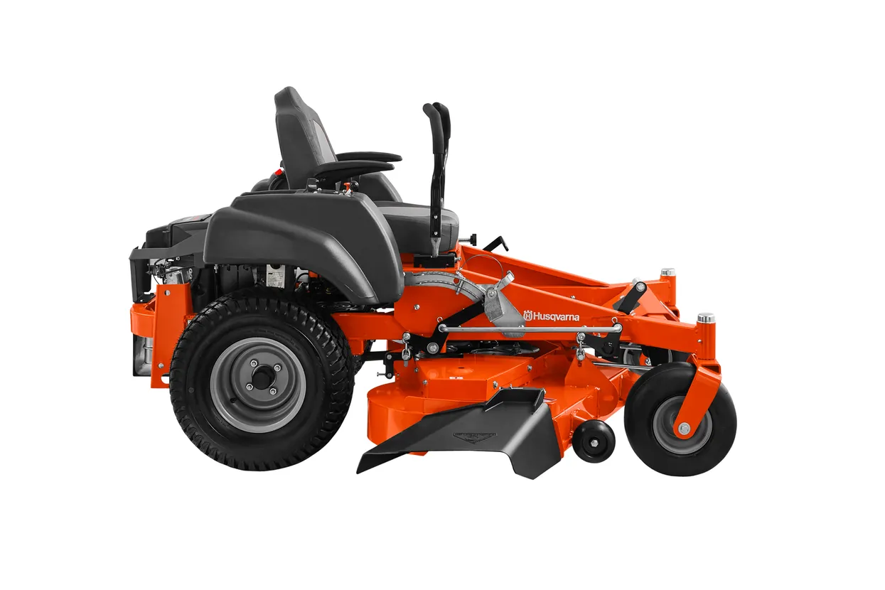 Orange and black Husqvarna riding lawn mower on a white background


