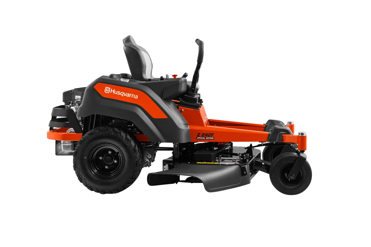 Orange and black Husqvarna riding lawn mower on a white background