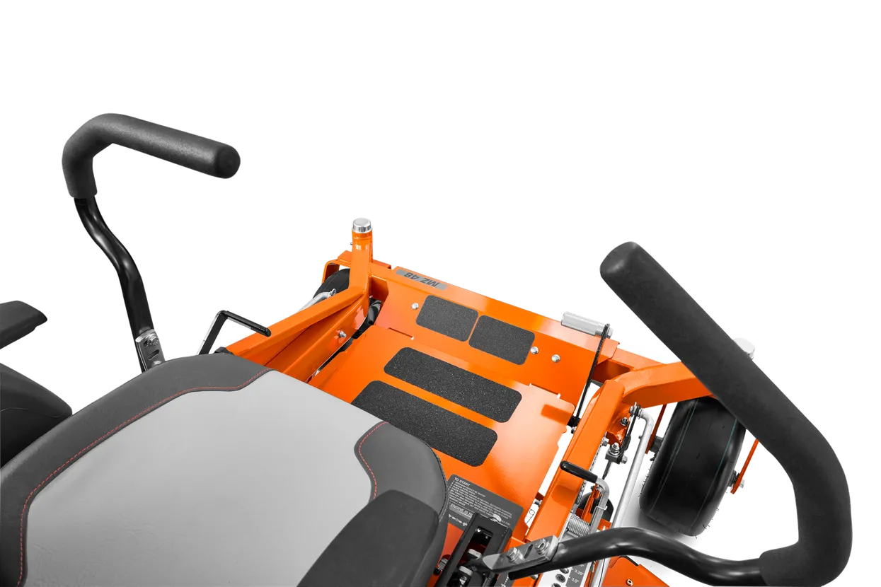 Close-up of a lawn mower with orange body and black handles on a white background