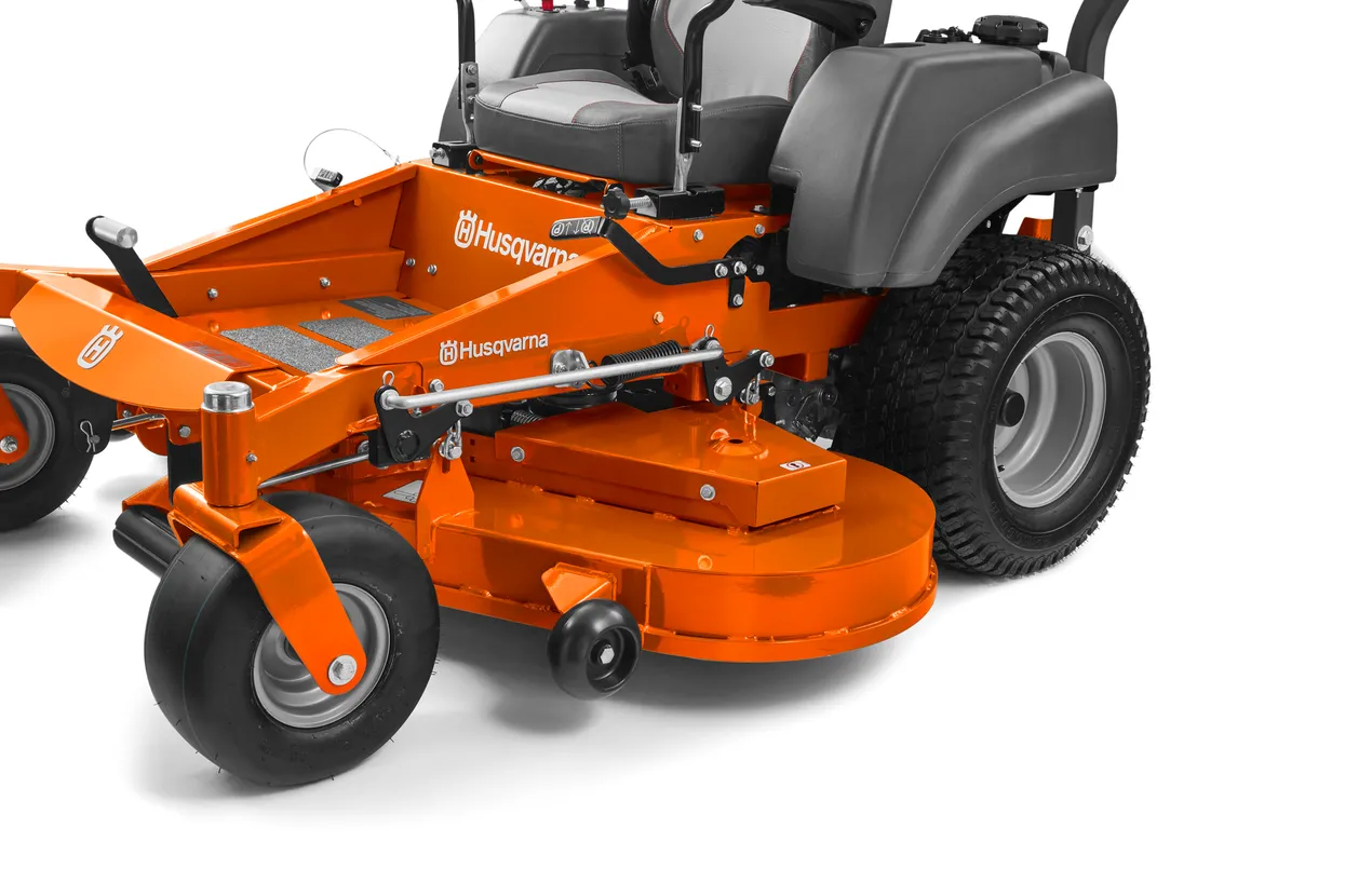 Orange Husqvarna zero-turn lawn mower on a white background

